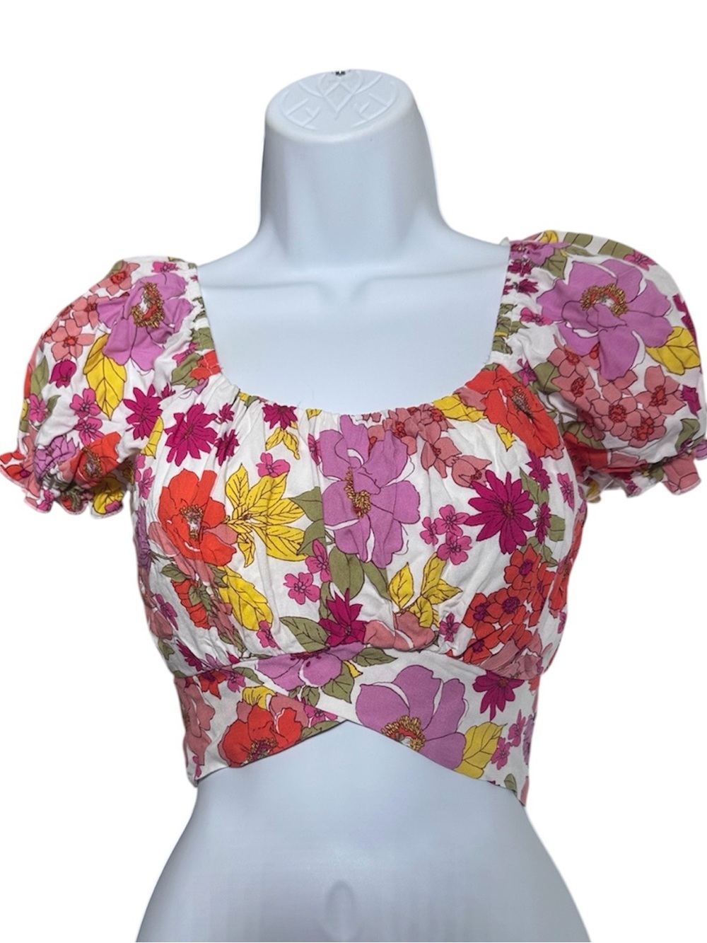 Retro Floral Puff Sleeve Tie Back Crop Top Cottagecore Boho Y2K Size Small